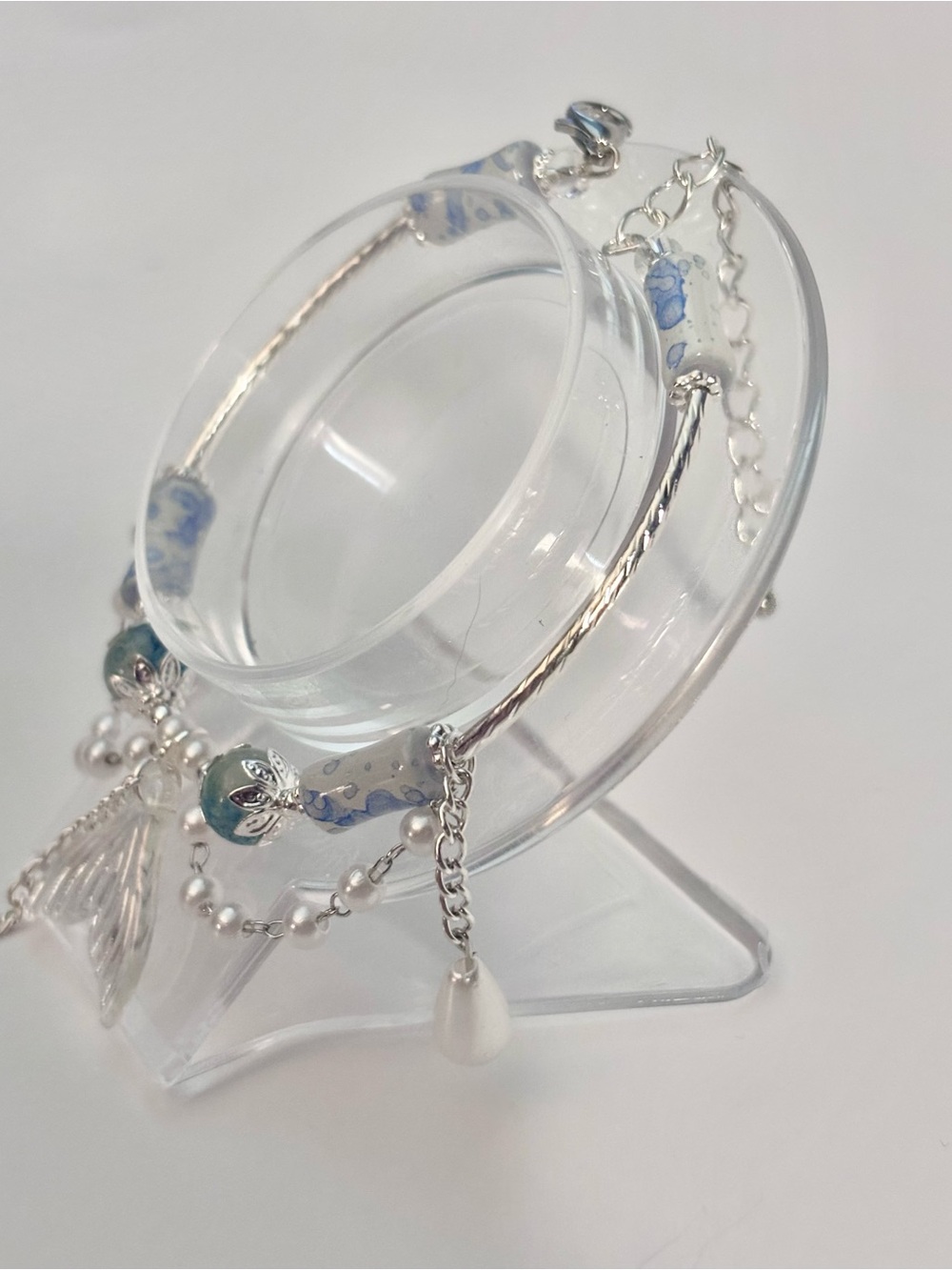 Hand Crafted Silver Bracelet with Blue and White Beads and Mermaid Tail Charm - Picture 4 of 7